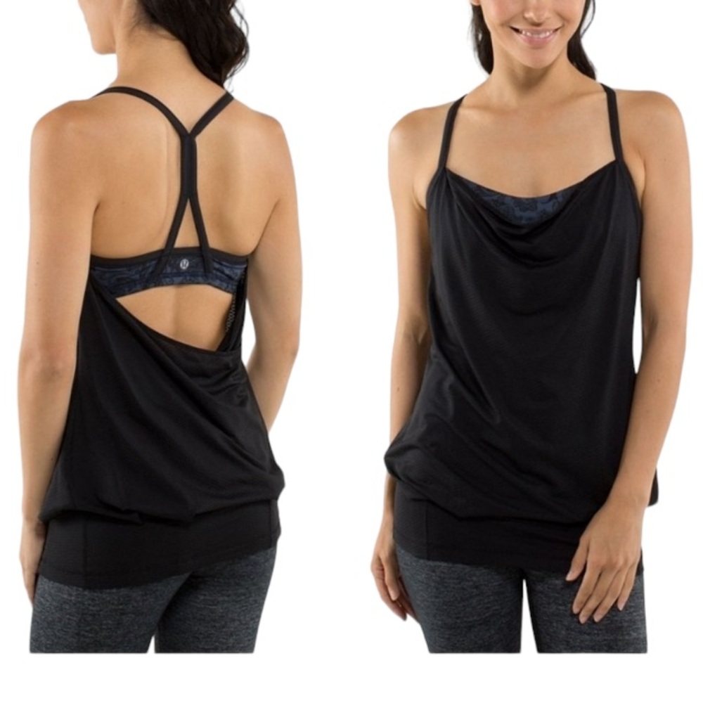 Lululemon C.Y.B. Built in Sports Bra Drape Neck Open Racer Black CYB Tank Top - Picture 13 of 14